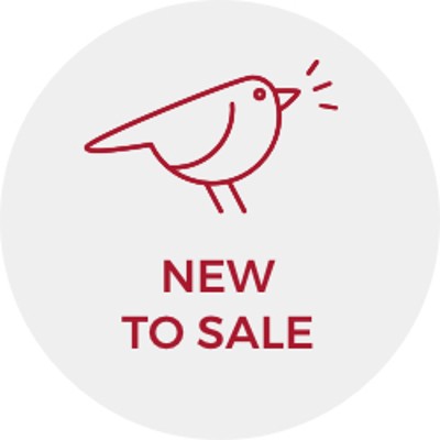 Red line llustration of a bird singing with the words "New to Sale."