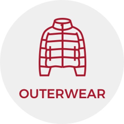 Red line illustration of a jacket and the word "Outerwear."