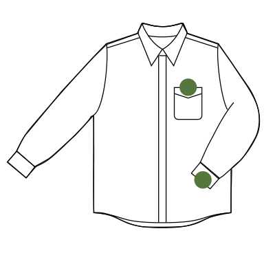 A line drawing of a button-down shirt with a green dots indicatiing monogram placements centered on left cuff or top edge of left breast pocket.