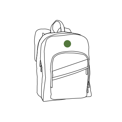 A line drawing of a school backpack with a green dot indicatiing monogram placement centered below the top edge.