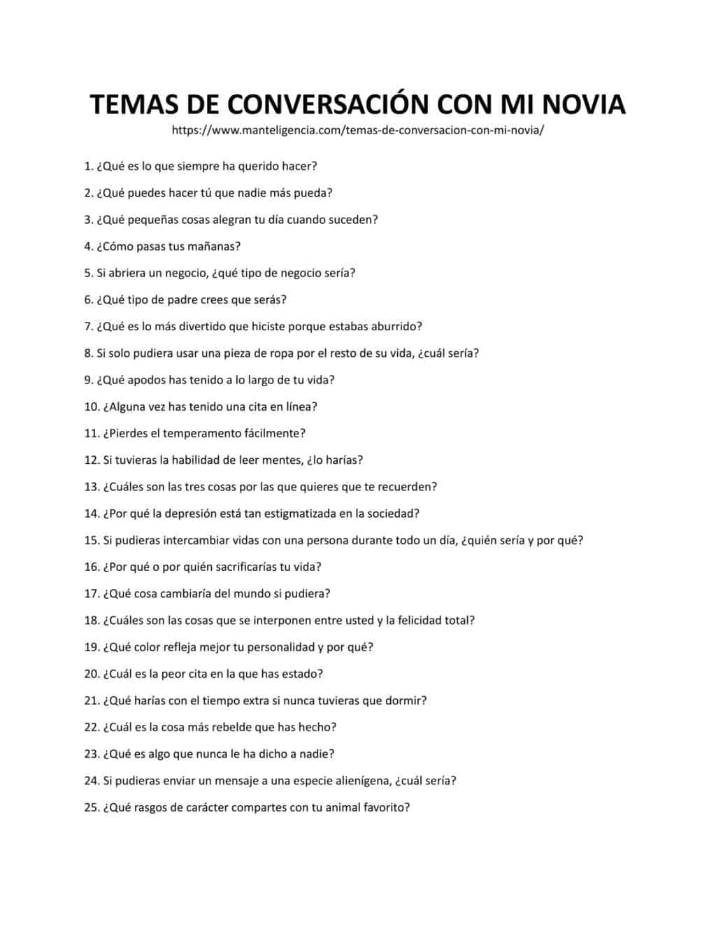 Lista descargable y imprimible de Tema de Conversación Perfecto Para Tu Novia