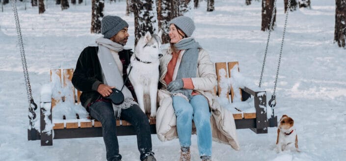 People sitting on brown wooden bench surrounded by snow covered trees