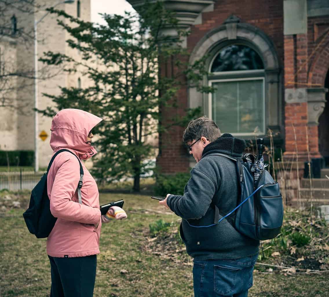 Two people talking