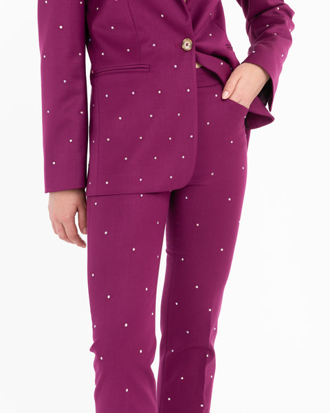 violet trousers with poly viscose stretch appliqués