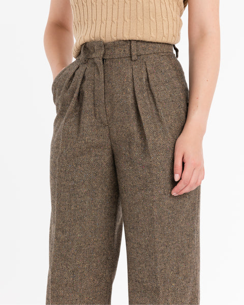 brown lurex wool blend double pleat trousers