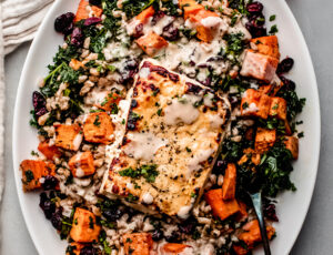 Maple Roasted Feta with Sweet Potatoes, Farro and Kale