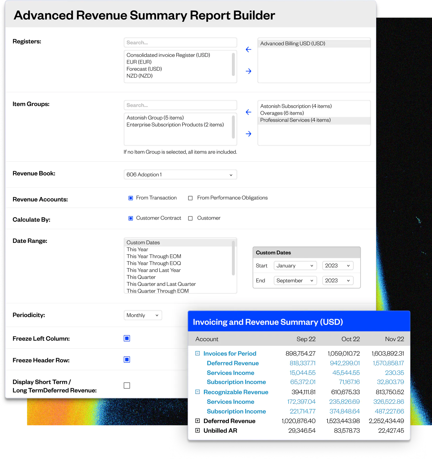advanced revenue summary report builder