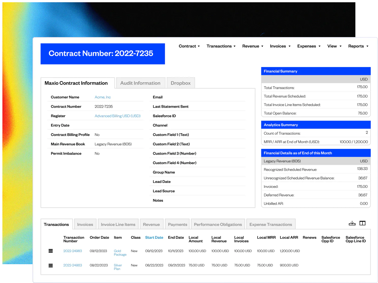 revenue recognition contract dashboard screenshot