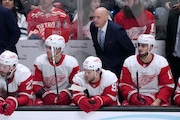 Detroit Red Wings coach Derek Lalonde watches during the third period of the team's NHL hockey game against the San Jose Sharks on Tuesday, Jan. 2, 2024, in San Jose, Calif. (AP Photo/Tony Avelar)