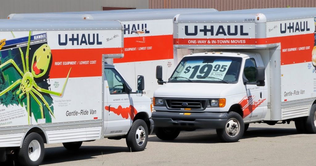 U-Haul trucks in a lot