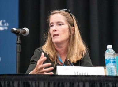 Heidi Stiller of NOAA talks to members of the NACo Resilient Counties Advisory Board Saturday, July 13 about how to sharpen communication efforts before and during a disaster. Photo by Denny Henry