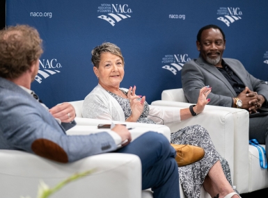 Davison County, S.D. auditor Susan Kiepke recounts asking her friends if their college-aged children would be interested in working her county’s post-election audit. Orange County, Fla. Mayor Jerry Demings sits to her left. Photo by Denny Henry