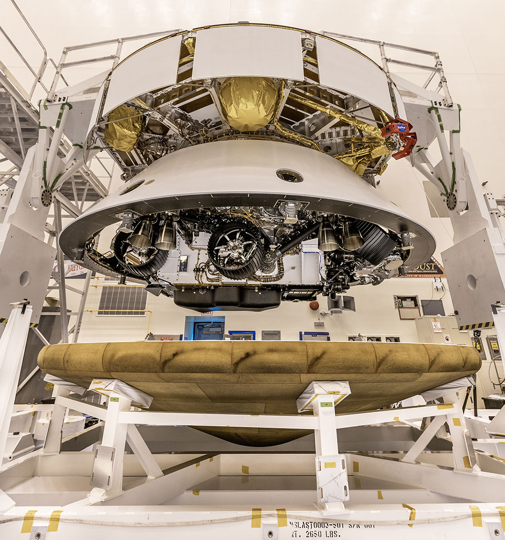 Mars 2020 Perseverance rover mission's disk-shaped cruise stage sits atop the back shell