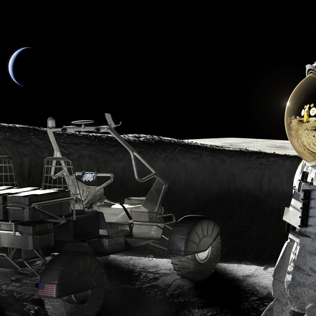 Artist concept of Artemis astronaut on moon with Lunar rover and Earth crescent in the background.