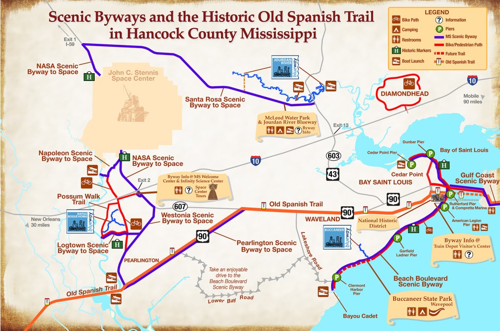 map of Scenic Byways in Hancock County Mississippi