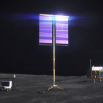 Artist concept of a vertical solar array being used as a power source on the surface of the Moon with robotics positioned nearby.