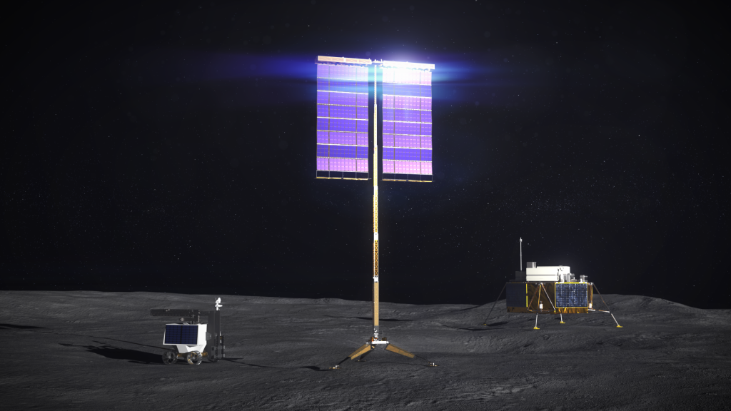 Artist concept of a vertical solar array being used as a power source on the surface of the Moon.