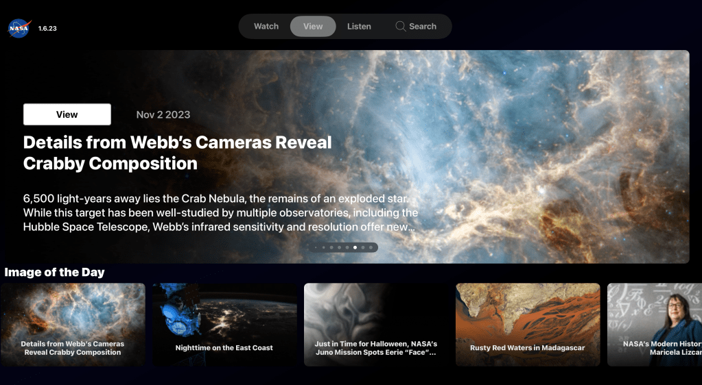 Screenshot of the NASA app on Apple TV showing the images section