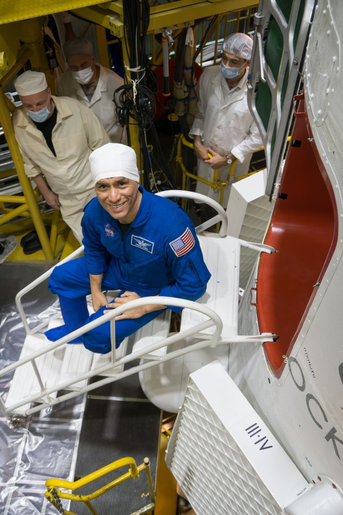 jsc2022e072276 (Sept. 15, 2022) --- At the Baikonur Cosmodrome in Kazakhstan, NASA astronaut Frank Rubio is seated in front of the Soyuz MS-22 spacecraft. Rubio is scheduled to launch with crewmates Roscosmos cosmonaut Sergey Prokopyev and Dmitri Petelin Sept. 21 for a six-month mission on the International Space Station. Credit: NASA/Victor Zelentsov.