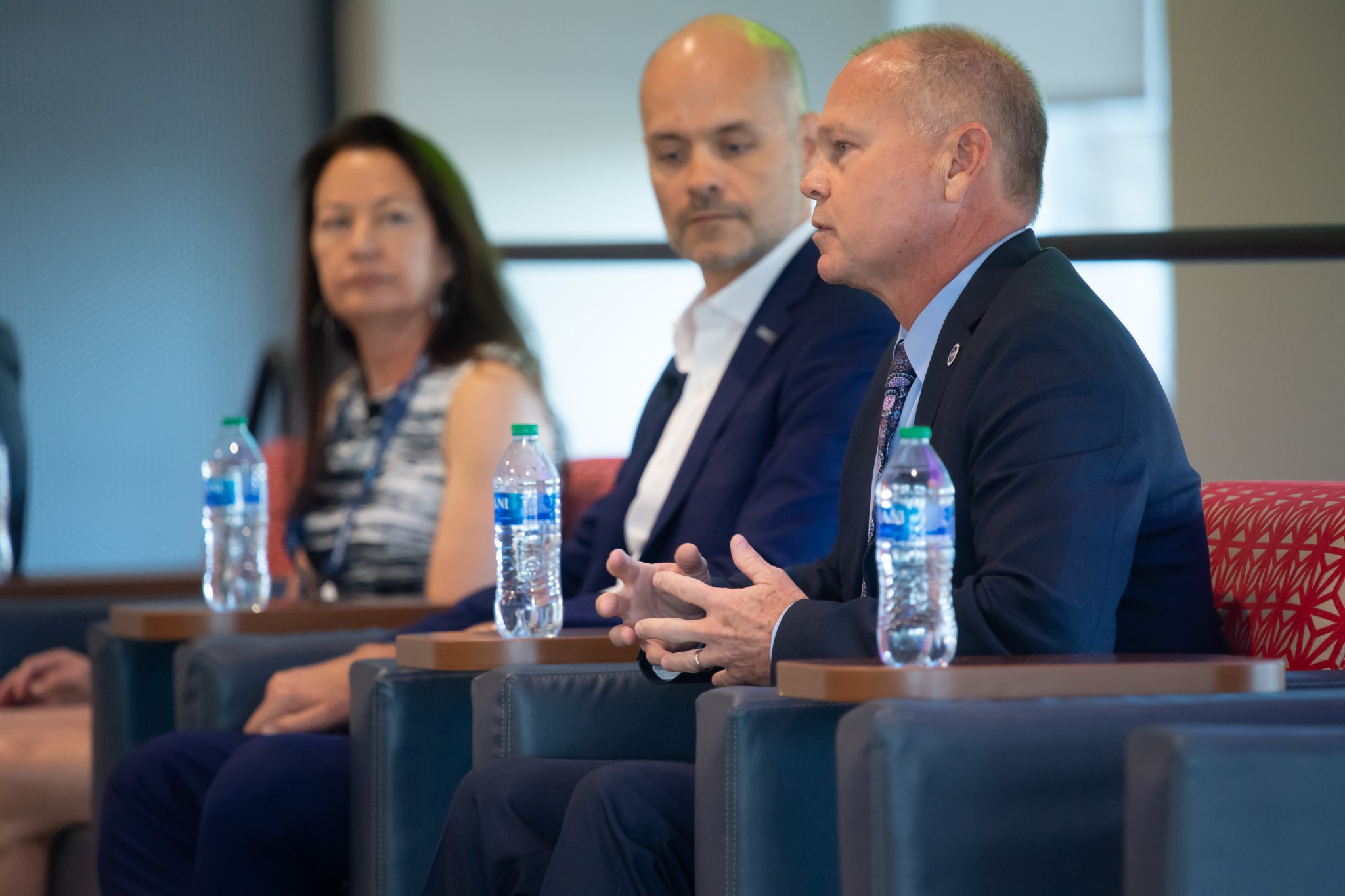 NASA Stennis Center Director John Bailey, right, is shown at the Mississippi Enterprise for Technology’s Mississippi Aerospace and Defense Symposium in Oxford, Mississippi.