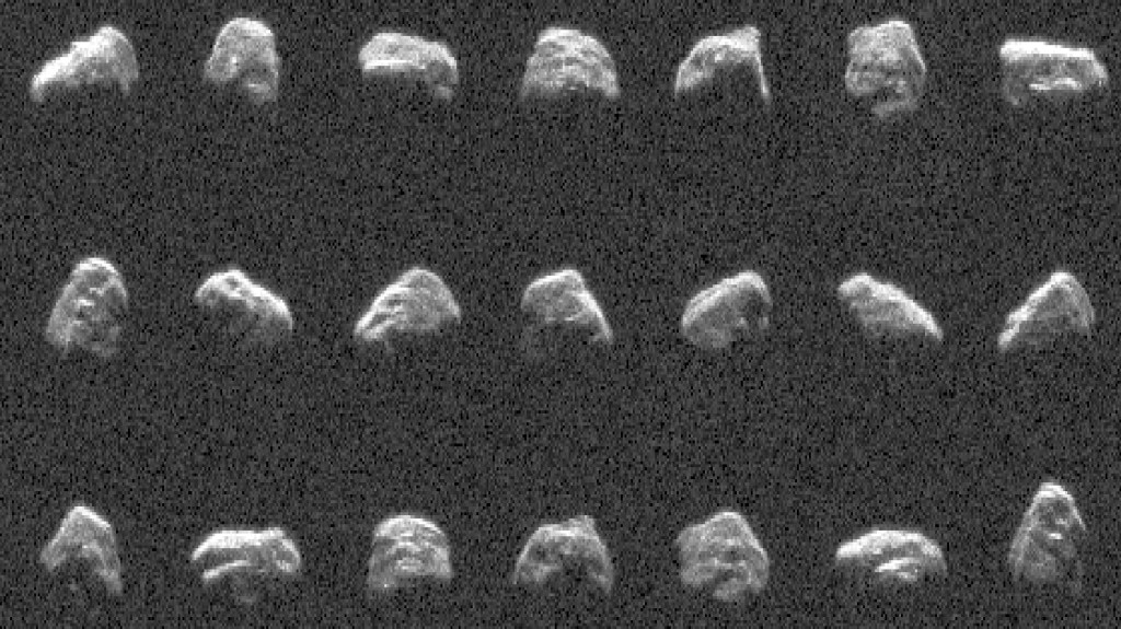 A series of images showing different rotational views of asteroid 4179 Toutatis taken from radar data, against a black background. The asteroid appears irregular in shape.