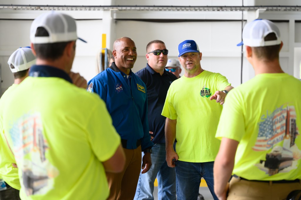 Members of NASA’s Pegasus Barge crew meet with Artemis II crew members at NASA’s Michoud Assembly Facility in New Orleans July 15 and 16.