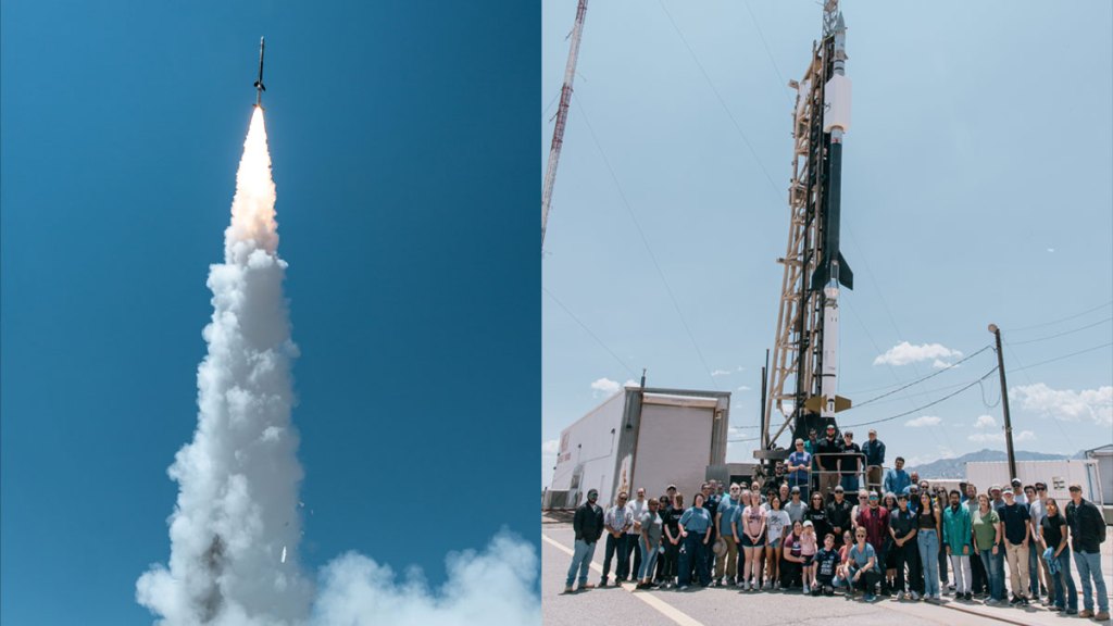 The MaGIXS-2 sounding rocket team The MaGIXS-2 sounding rocket team stand on the launchpad in White Sands, New Mexico prior to launch on July 16, 2024. stand on the launchpad in White Sands, New Mexico prior to launch on July 16, 2024.