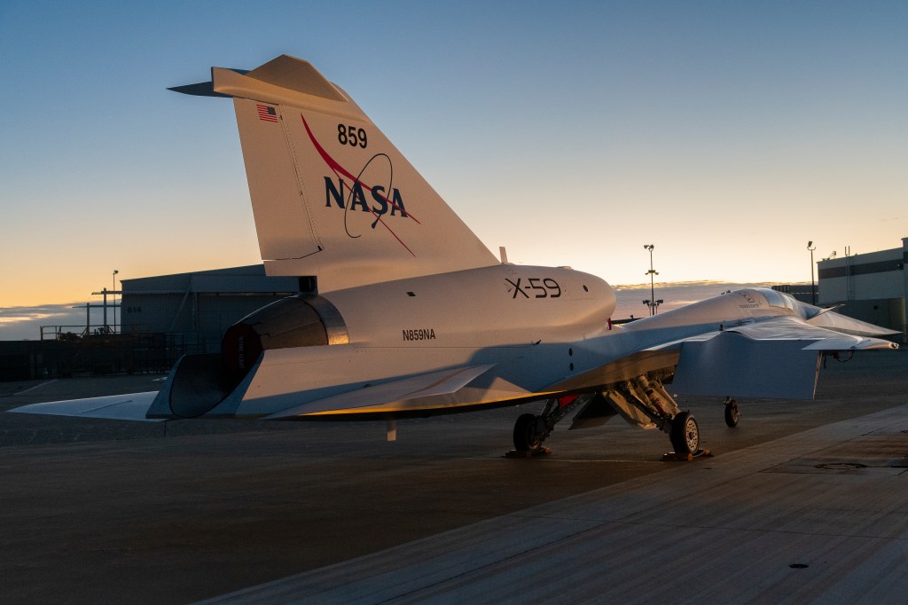 The tail of the X-59 at sunrise.