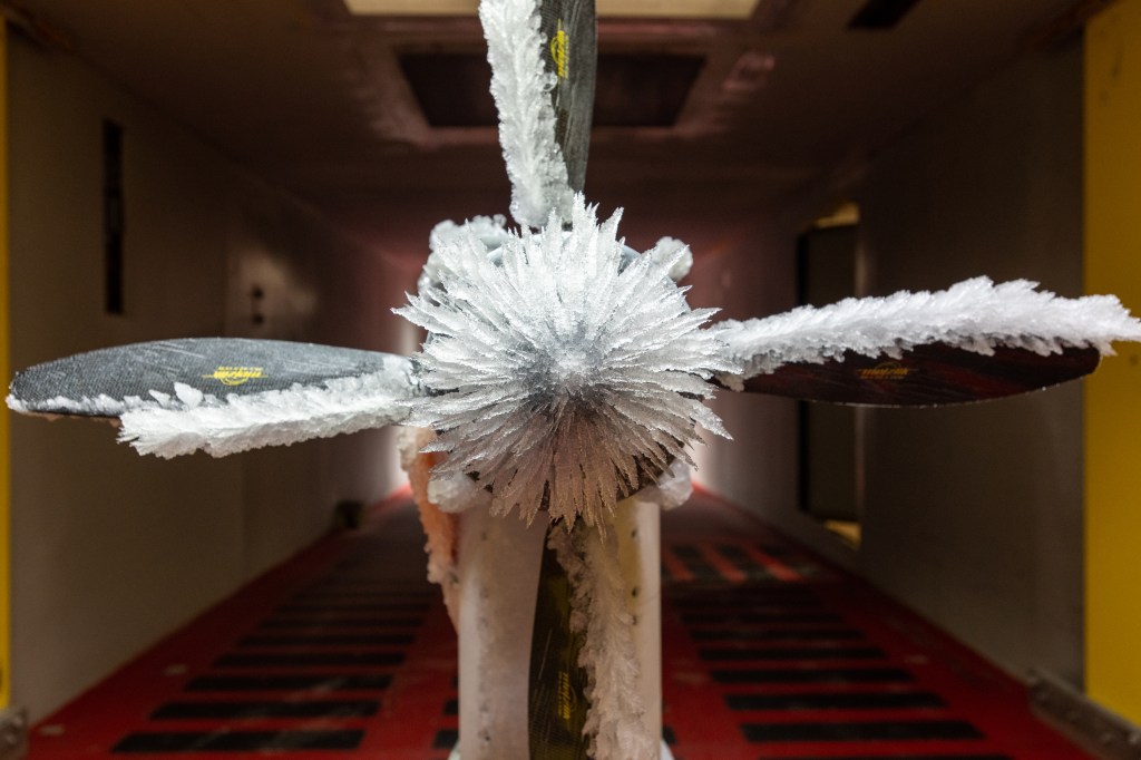 An up-close view of ice that covers propeller blades inside the Icing Research Tunnel.