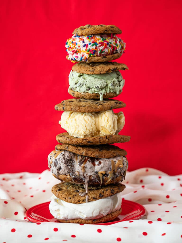 A towering stack of five ice cream sandwiches, made with freshly baked cookies and Howling Cow ice cream.