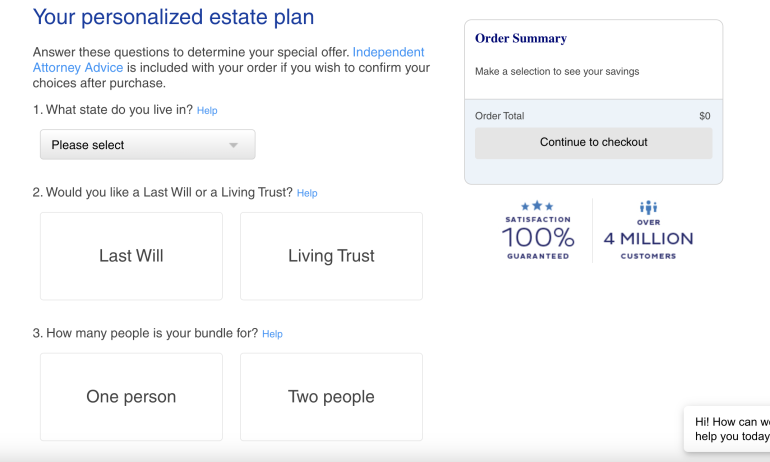 This is a screenshot of the LegalZoom will maker product, showing an order summary and a sample question asking about where the user lives.