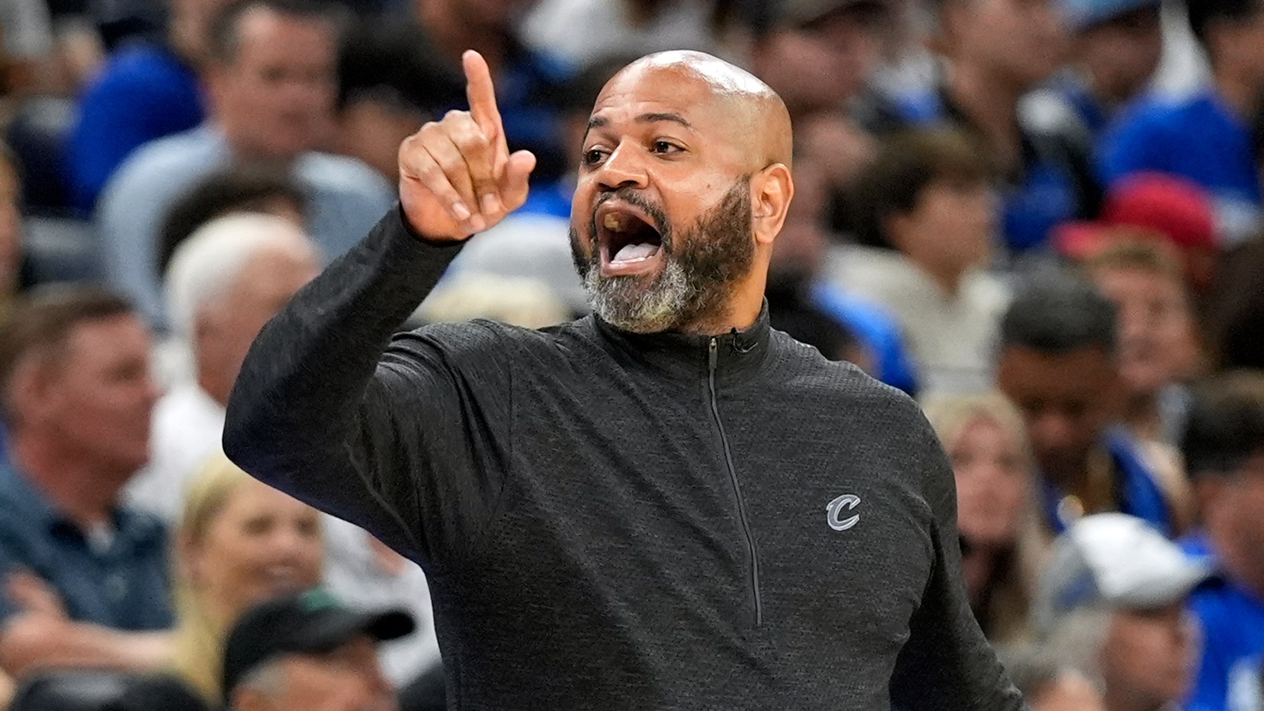 FILE - Cleveland Cavaliers head coach J.B. Bickerstaff shouts at his team during the first half of Game 6 of an NBA basketball first-round playoff series against the Orlando Magic, May 3, 2024, in Orlando, Fla. The Detroit Pistons have agreed to a four-year contract with a team option for a fifth season with coach Bickerstaff, according to a person familiar with the situation. The person spoke to The Associated Press on Sunday, June 30, on condition of anonymity because the agreement had not been announced. (AP Photo/John Raoux, File)