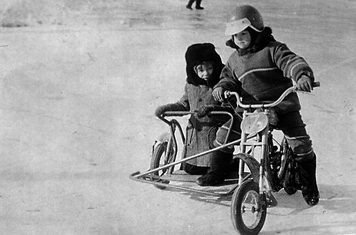 Myself (steering) and my friend Dima Zamiatin racing on ice track (approx. 1980).