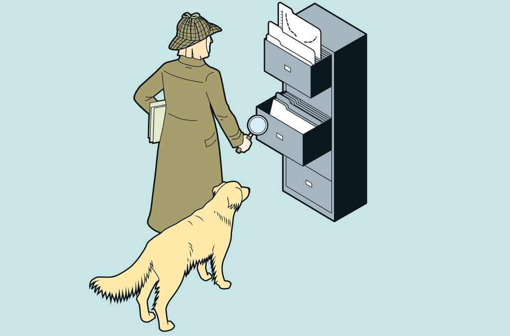 A detective investigating a file cabinet, accompanied by a golden retriever.