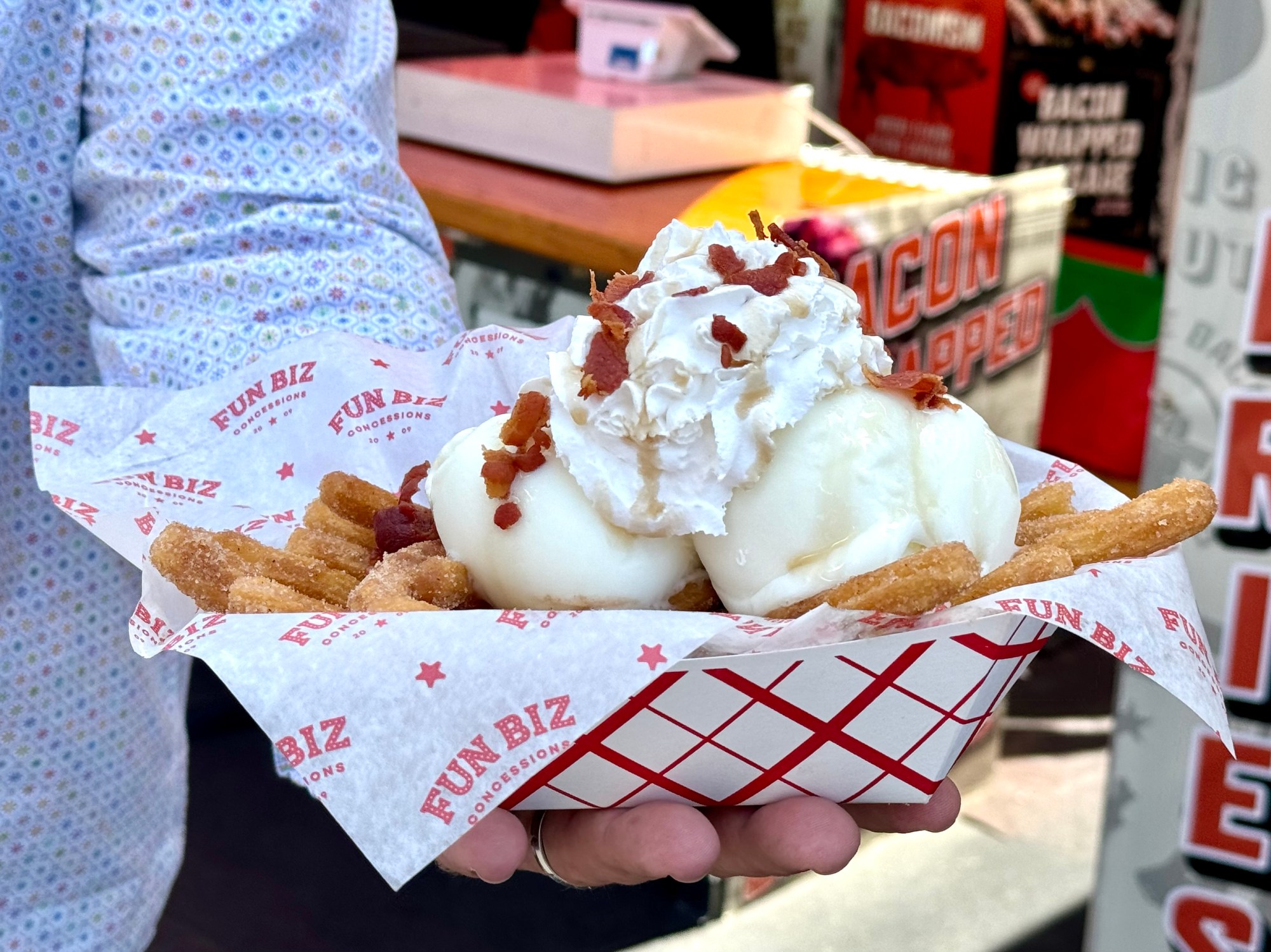 Bacon Nation adds frozen vanilla yogurt to its Bacon Churro Fries. (Photo by Brock Keeling/SCNG)