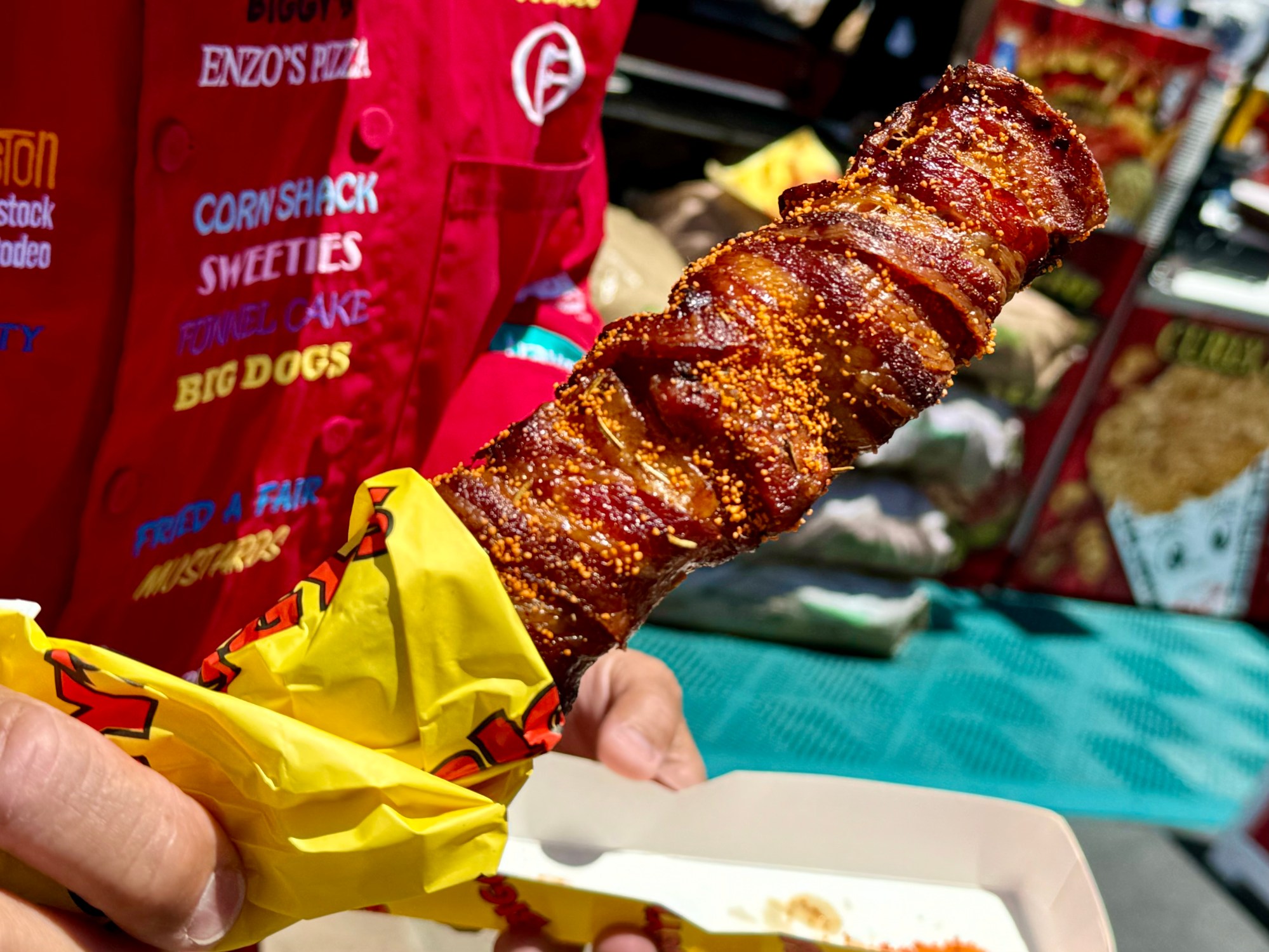 Bacon-Wrapped Pork Belly On a Stick at Biggy's. (Photo by Brock Keeling/SCNG)