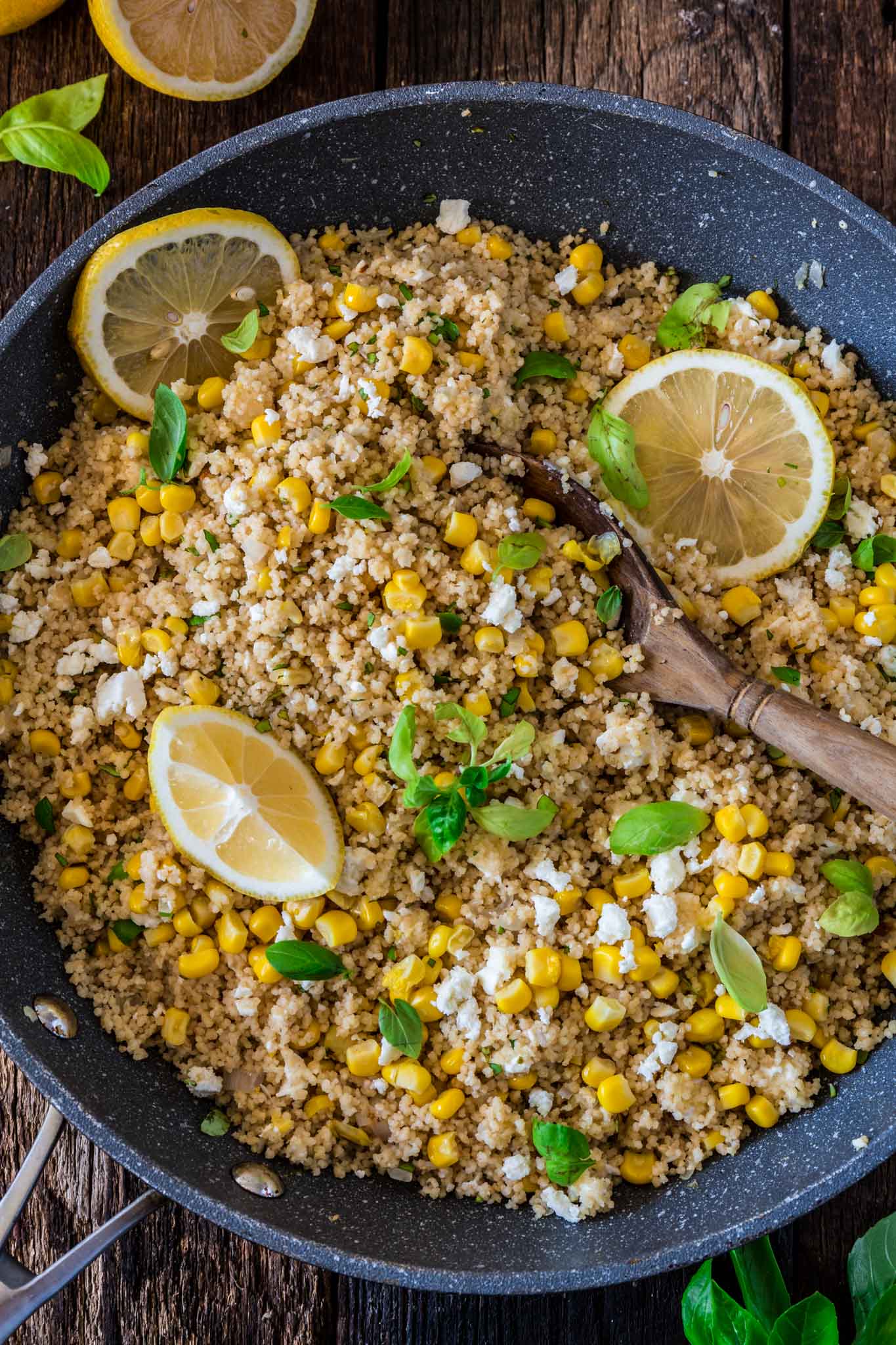 Corn Couscous with Basil, Feta and Lemon | www.oliviascuisine.com | This simple dish, packed with Mediterranean flavors, consists of only 7 main ingredients and is done in about 5 minutes. Serve it warm as a side dish, or cold as a salad. (Recipe and food photography by @oliviascuisine.)