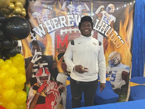 Mainland High School defensive tackle Christian Hudson celebrates after announcing his commitment to UCF on Saturday, July 6, 2024. Hudson, a 3-star tackle for the Buccaneers, becomes the 17th overall commitment for the Knights' 2025 recruiting class and the sixth commitment this week. (Photo courtesy of Chris Boyle/Daytona Beach News-Journal)