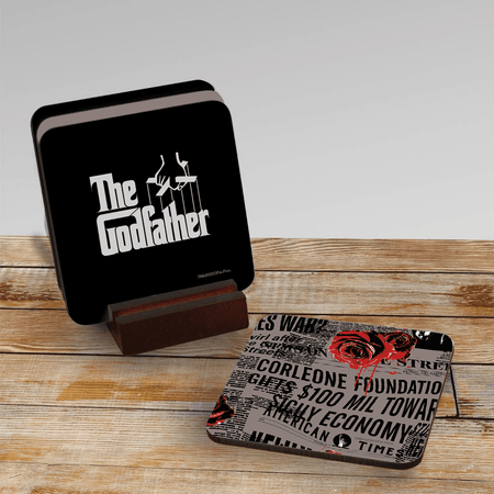 The Godfather Icons Coasters with Mahogany Holder - Set of 4 - Paramount Shop