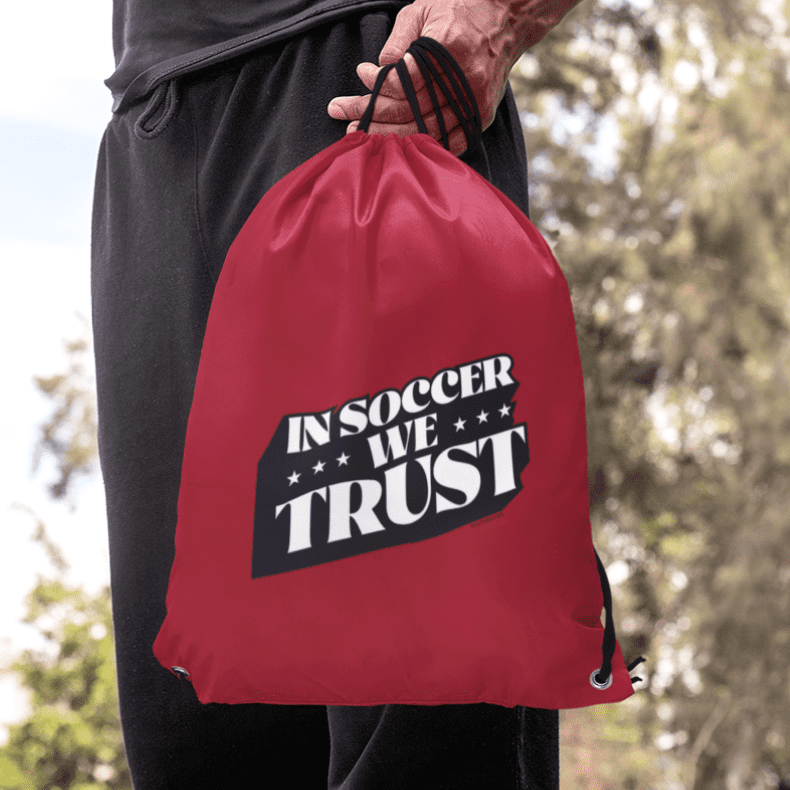 In Soccer We Trust Podcast Logo Drawstring Bag