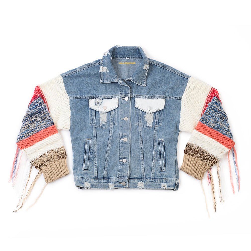 Yellowstone Dutton Ranch Sweater Sleeve Wren + Glory Hand Painted Denim Jacket - Paramount Shop