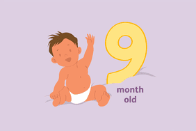 illustration of baby, 9 month old text