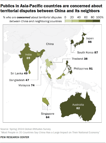 A map showing that Publics in Asia-Pacific countries are concerned about territorial disputes between China and its neighbors