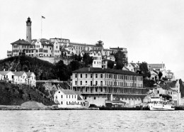 A black and white photo of Alcatraz Island