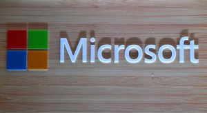 The Microsoft logo on a wall