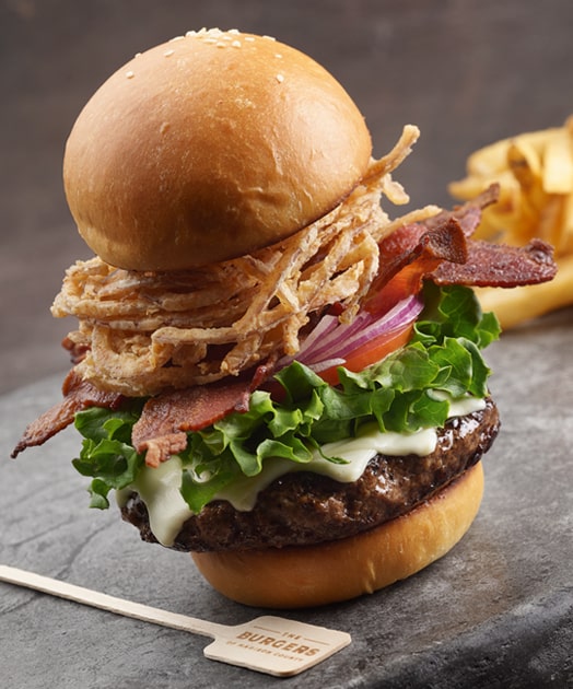 Hamburger loaded with toppings and French fries