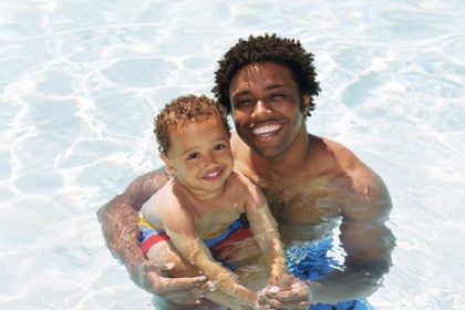 Father and son (2-4) in swimming pool, smiling, portrait.