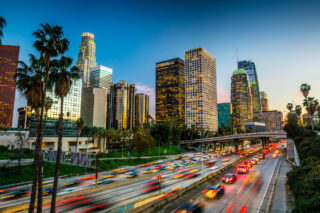 photo - Los Angeles skyline in downtown showing office buildings and traffic