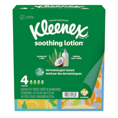 Kleenex Lotion Facial Tissue, 3-Ply, 60 Sheets/Box, 4 Boxes/Pack (54289)