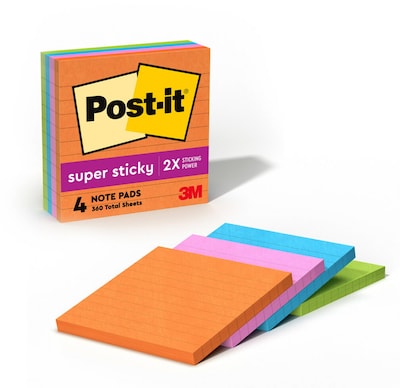 Post-it Super Sticky Notes, 4 x 4, Energy Boost Collection, Lined, 90 Sheet/Pad, 4 Pads/Pack (675-